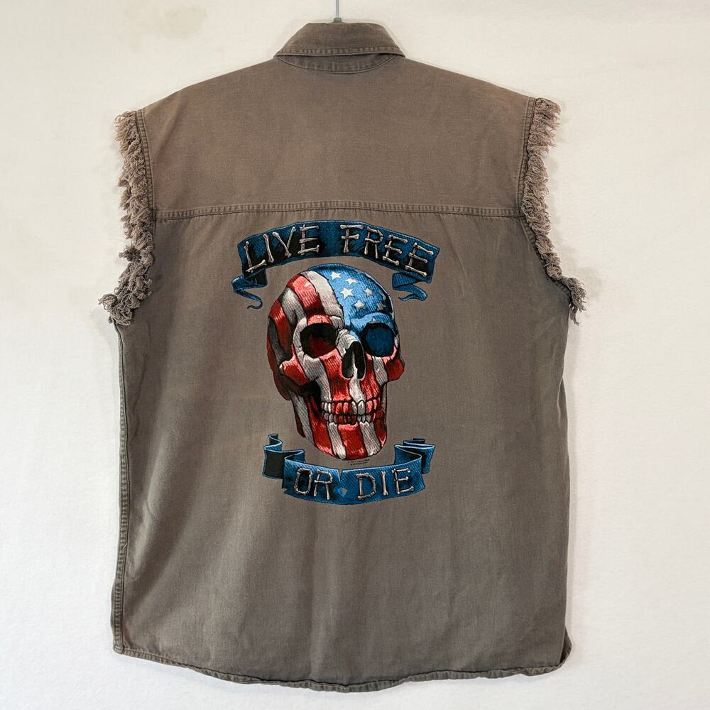 Motorcycle Button Down Shirt Mens Large Sleeveless Frayed Skull USA Biker Cotton
